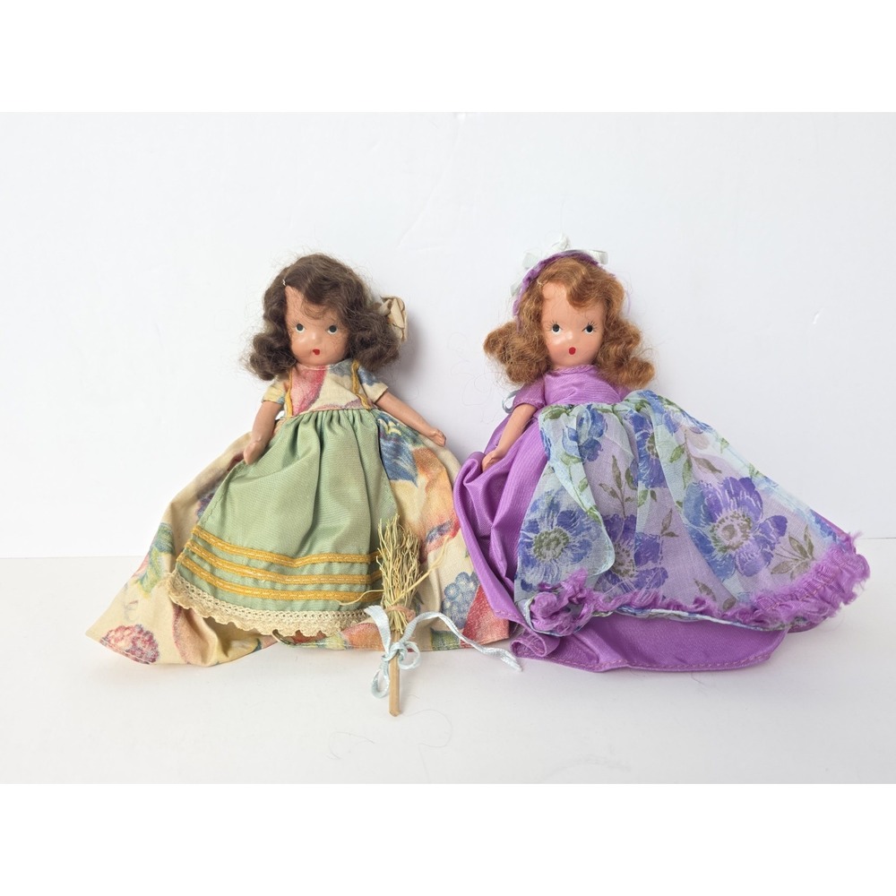 Vintage Nancy Ann Storybook Dolls pair purple floral